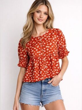 MADEWELL Red Floral Puff Sleeve Peplum Top XXL